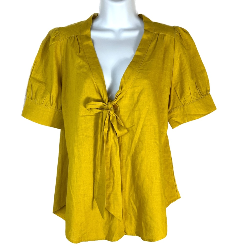New PEPALOVES Blouse Top Short Sleeve Button Up Tie Neck Size L NWT Mustard Gold